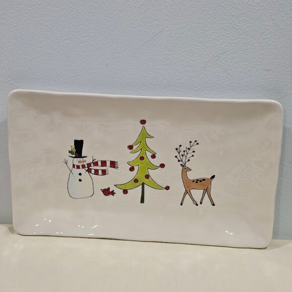 LANG Ceramic Rectangular Whimsy Winter Platter Hand Painted Christmas Snowman - Picture 1 of 11